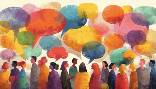 Illustration of a crowd of people beneath colorful speech bubbles